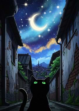 Black Cat Under Crescent Moon Alleyway
