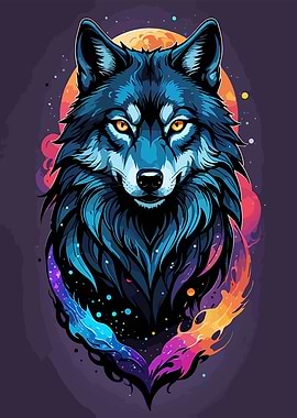Majestic Blue Wolf Portrait with Cosmic Elements