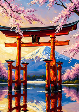 Japanese Torii Gate with Mount Fuji