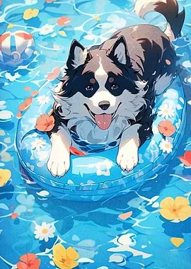 Dog in Pool with Float