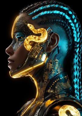 Cyberpunk Woman with Snake and Braids