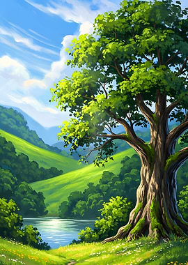 Lush Green Landscape with a Large Tree