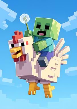 Minecraft Zombie Riding Chicken in Sky