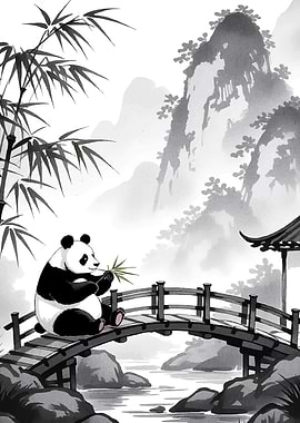 Panda on Bridge Bamboo