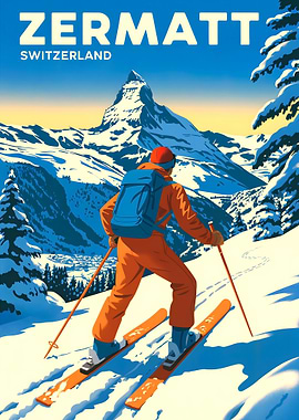 Zermatt Switzerland Skiing Vintage Poster