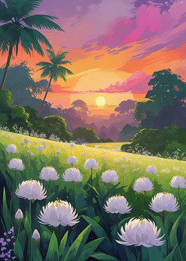 Tropical Sunset Meadow with White Flowers