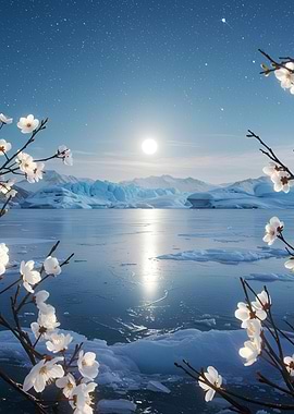 Winter landscape with cherry blossoms