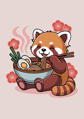 Red Panda Enjoying Ramen Cartoon