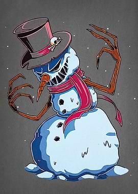 Creepy Snowman Illustration with Skull Detail