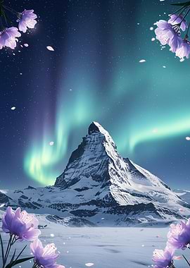 Mountain Aurora with Flowers