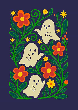 Floral Ghosts on Dark Blue Background