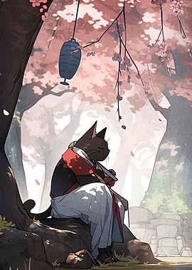 Cat Samurai Under Cherry Blossom Tree