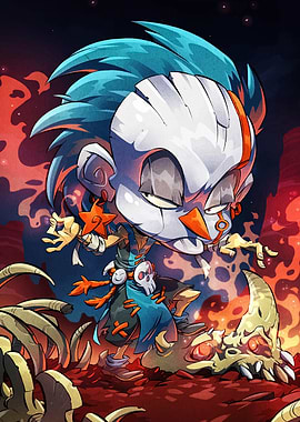 Stylized Cartoon Character with Skull Mask