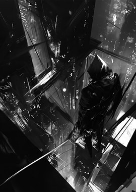 Hooded Figure in Abstract Cityscape