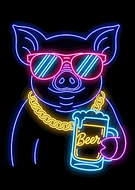 Neon Pig with Beer