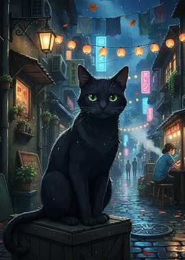 Black Cat in Japanese Alleyway