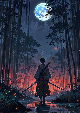 Anime Swordsman in Forest Moonlight