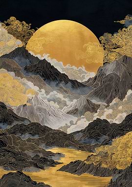 Golden Moon over Mountain Landscape Art