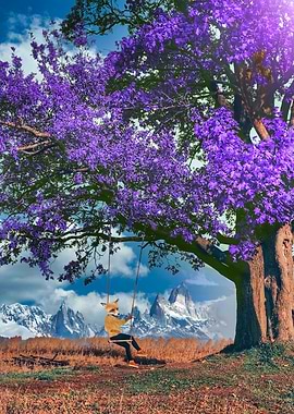 Fox on a swing under purple tree