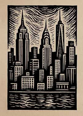 New York City Skyline Woodcut Print