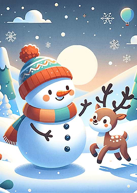 Snowman Reindeer Winter Scene