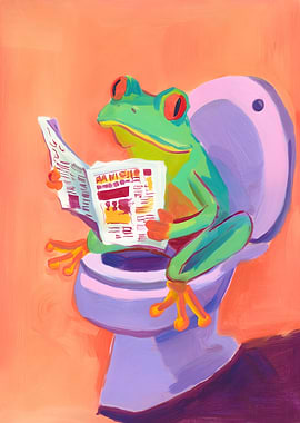 Frog Reading Newspaper on Toilet Painting