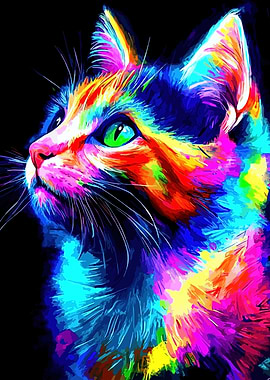 Colorful Cat Portrait on Black Background