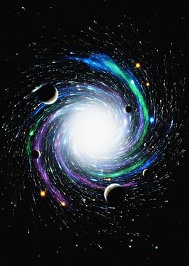 Colorful Swirling Galaxy with Planets