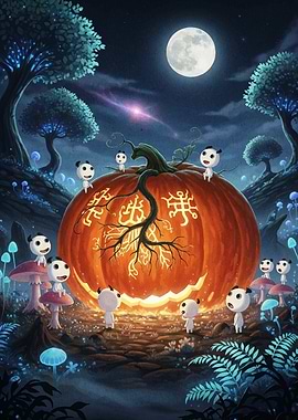 Kodama Spirits and Glowing Pumpkin
