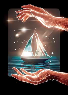 Digital Hands Holding a Glowing Sailboat