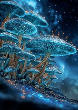 Glowing Blue Mushrooms in Fantasy Landscape