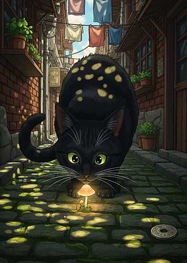 Black Cat and Mushroom in Alleyway