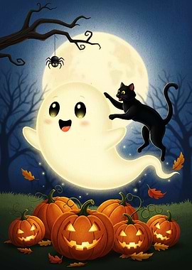 Cute Halloween Ghost with Black Cat