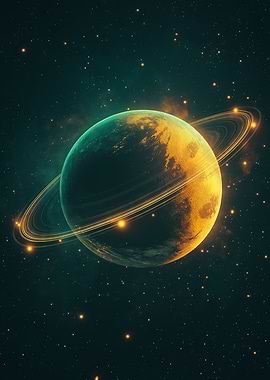 A glowing planet with faint rings surrounded by stars