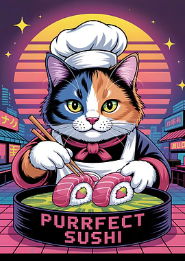 Purrfect Sushi Cat Chef Illustration