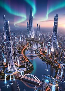 Futuristic Cityscape with Aurora Borealis