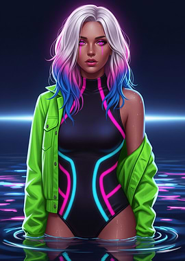 Cyberpunk Girl in Neon Water