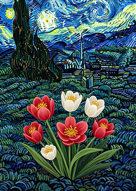 Tulips in a Starry Night Landscape