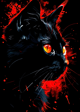 Black Cat with Red Splatter Art
