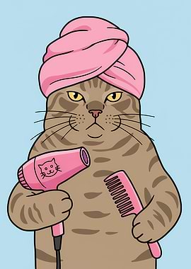 Funny Cat with Towel, Hairdryer, and Comb