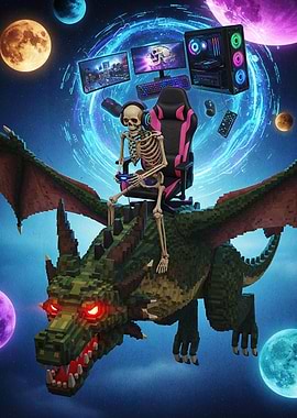 Skeleton Gamer Riding Pixelated Dragon
