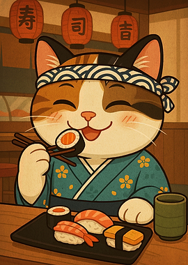 Cat Chef Enjoying Sushi