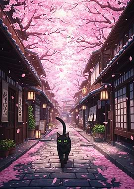 Black cat in cherry blossom alley