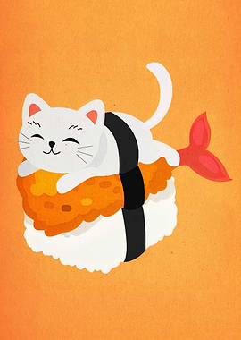 Cat on Sushi Cartoon Illustration