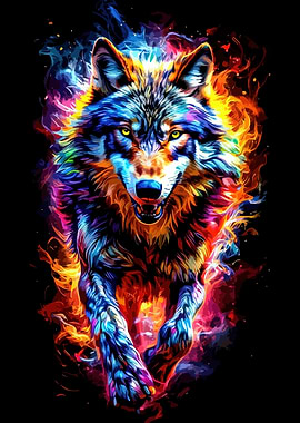 Colorful Wolf Illustration on Black Background
