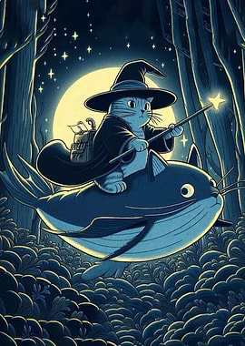 Cat Wizard Riding Whale in Forest
