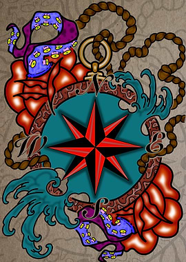 Nautical Compass with Octopus and Roses