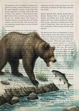 Bear catching salmon in river illustration