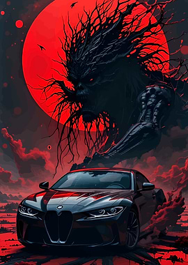 Car with Monster and Red Moon