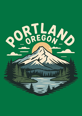Portland Oregon Mountain Landscape Illustration